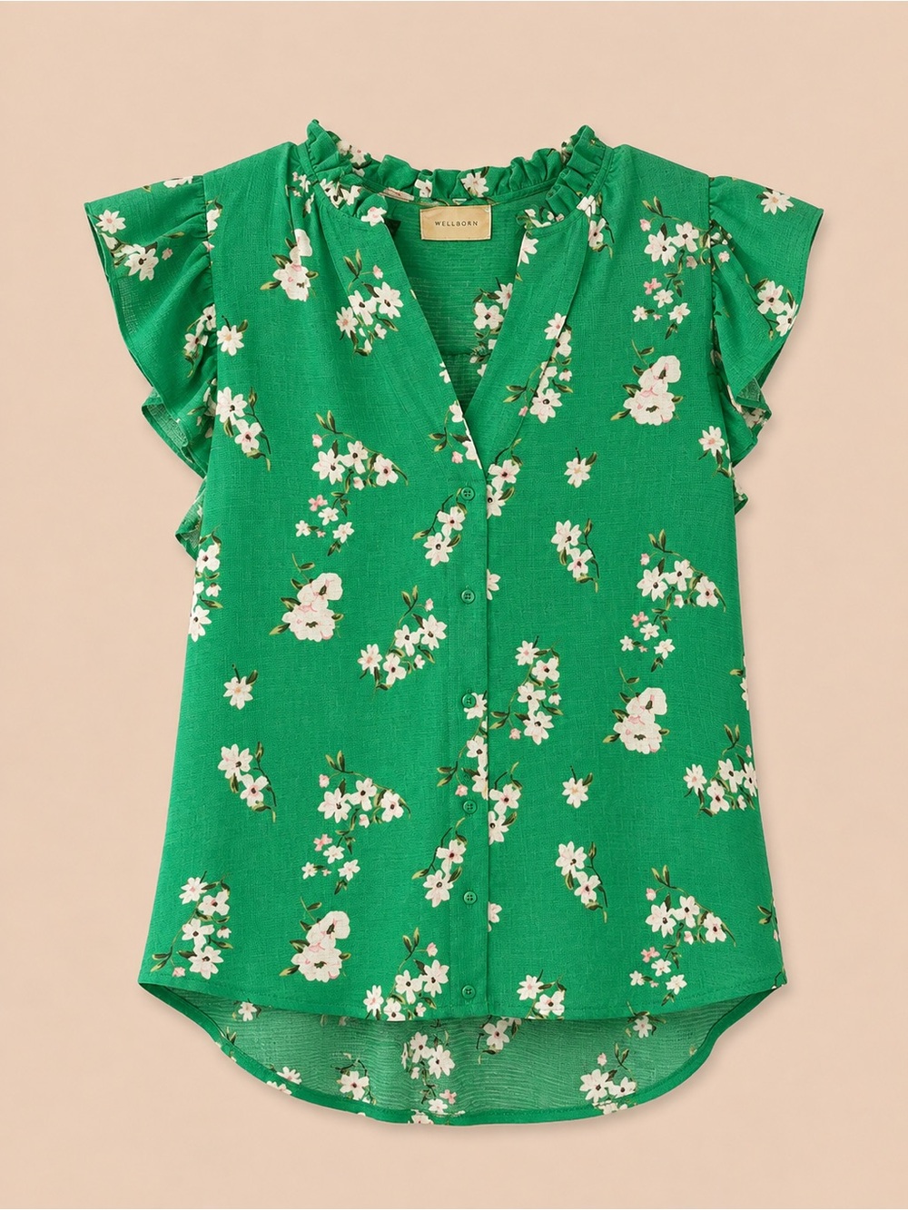 Willow Bright Green Floral Ruffle-Sleeve Button Top